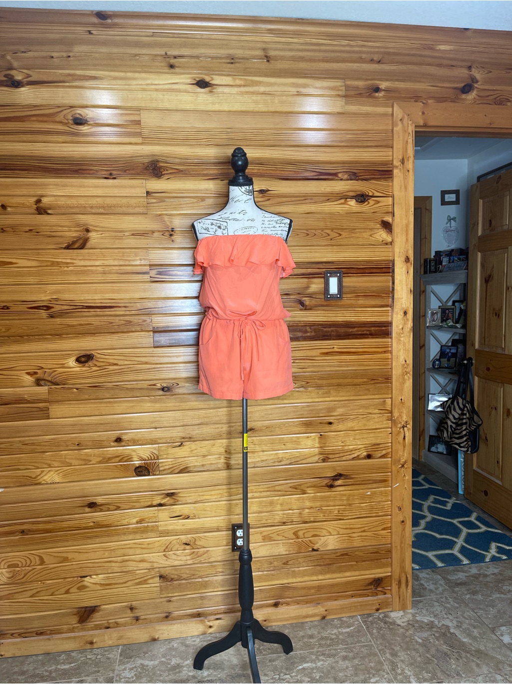 Amanda Uprichard Silk Coral Off-Shoulder Ruffle Romper